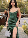 Popular Emerald Green Satin Spaghetti Straps Long Evening Prom Dresses, Side Slit Prom Dress, MR9090