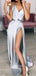 Silver Grey Satin Spaghetti traps Long Evening Prom Dresses, High Slit Prom Dress, MR9100