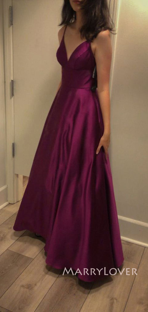 A-line Satin Spaghetti Straps V-neck Long Simple Evening Prom Dresses, MR9103