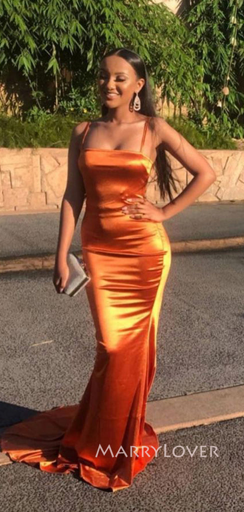 Burnt Orange Mermaid Spaghetti Straps Long Evening Prom Dresses, MR9106