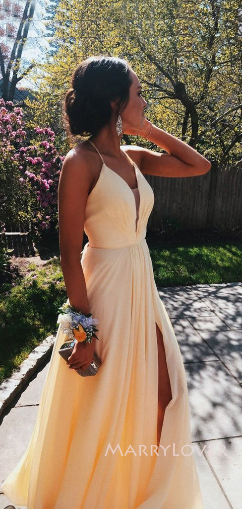 Spaghetti Straps A-line Yellow V-neck Long Evening Prom Dresses, MR9108