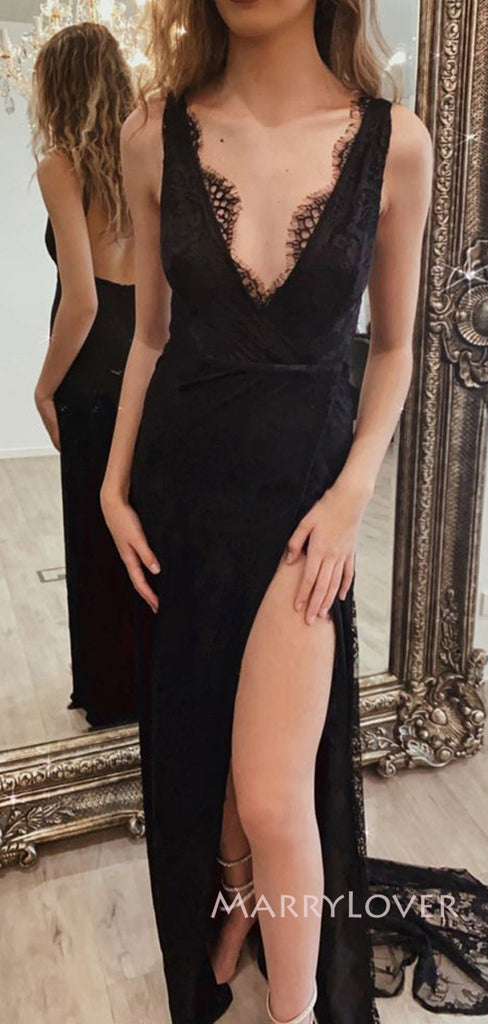 Formal V-neck Black Lace Side Slit Long Evening Prom Dresses, MR9109