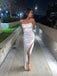 Sexy High Slit Ivory Satin Long Evening Prom Dresses, Spaghetti Straps Prom Dress, MR9111