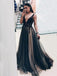 Deep V-neck Black Tulle Beaded A-line Long Evening Prom Dresses, MR9113