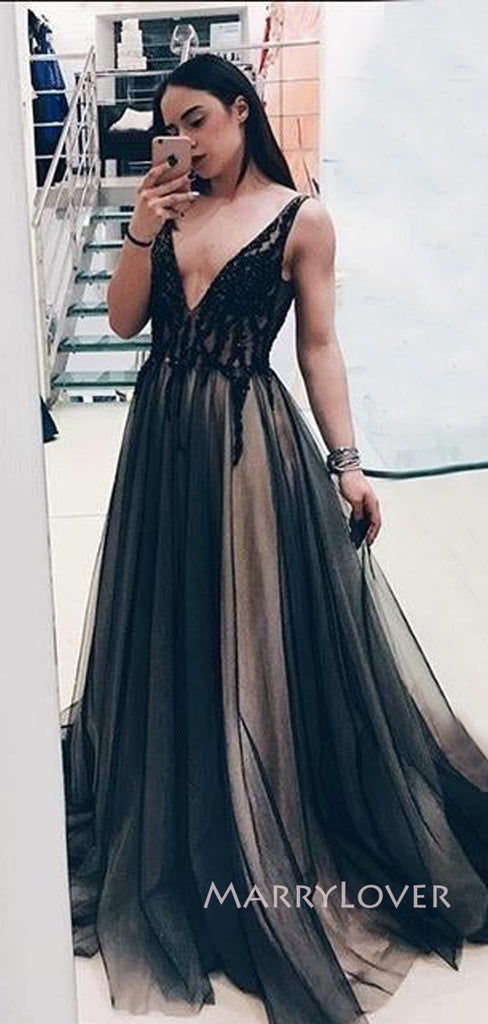 Deep V-neck Black Tulle Beaded A-line Long Evening Prom Dresses, MR9113