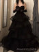 Black Tulle Strapless A-line Long Evening Prom Dresses, Sweetheart Prom Dress, MR9115