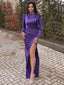 Purple Satin Mermaid Long Sleeves Long Evening Prom Dresses, Side Slit Prom Dress, MR9118