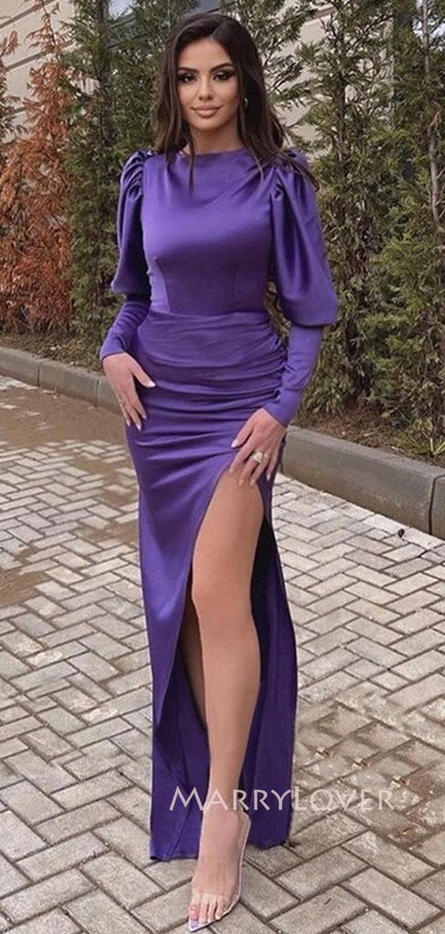 Purple Satin Mermaid Long Sleeves Long Evening Prom Dresses, Side Slit Prom Dress, MR9118