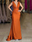 V-neck Burnt Orange Satin Mermaid Long Evening Prom Dresses, MR9119