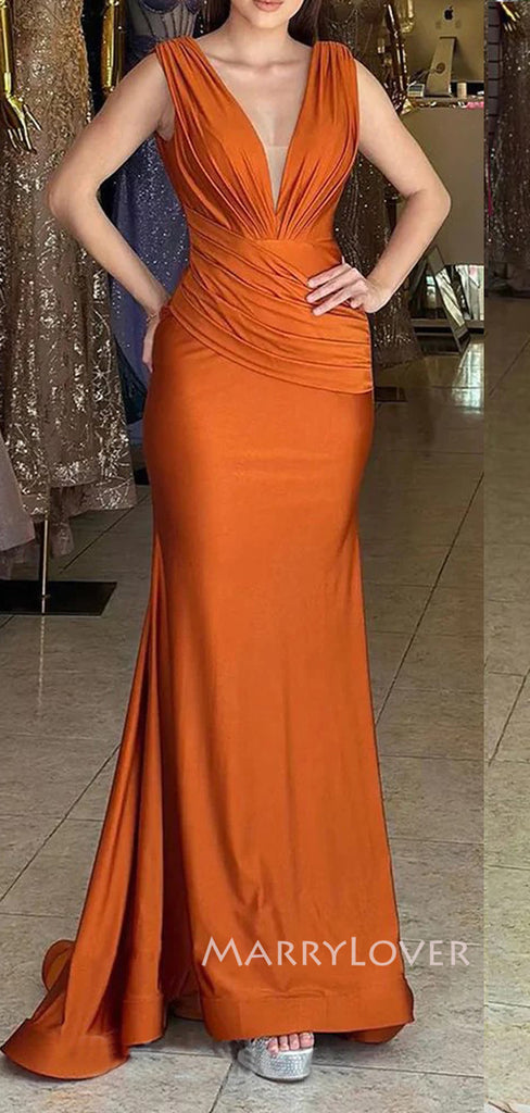 V-neck Burnt Orange Satin Mermaid Long Evening Prom Dresses, MR9119