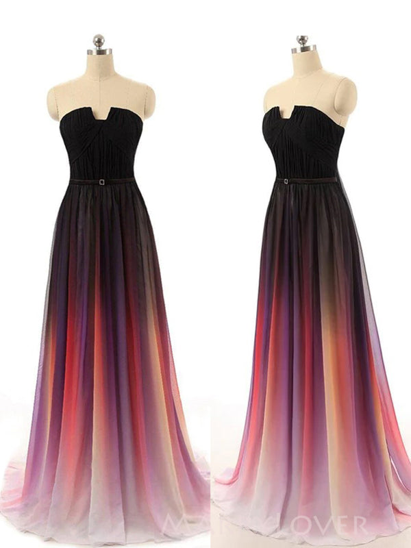 A-line Chiffon Strapless Unique Long Evening Prom Dresses, MR9120