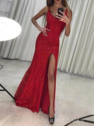 Red Sequins Mermaid Side Slit Long Evening Prom Dresses, MR9123