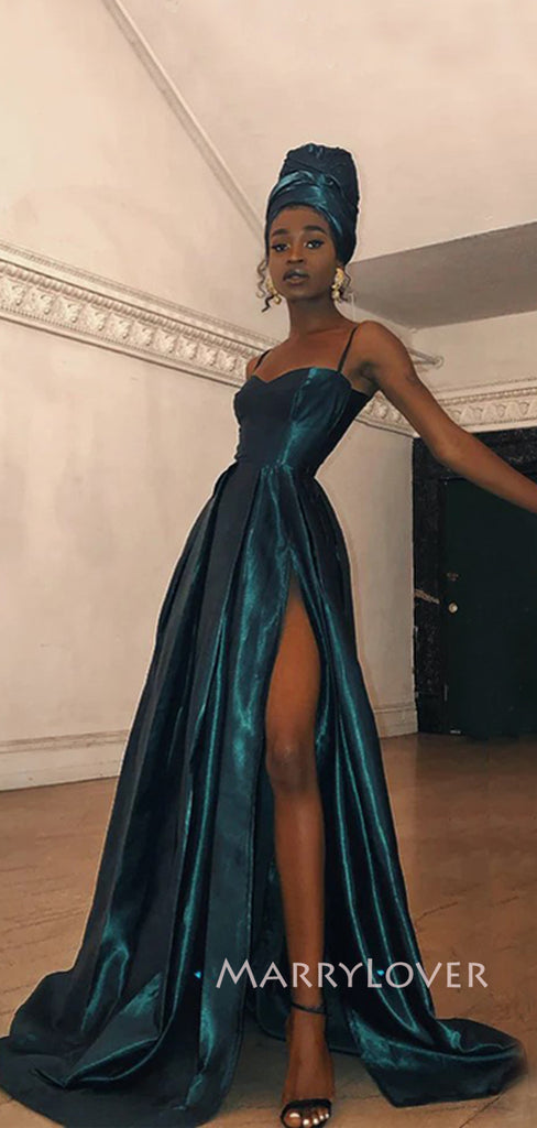 High Slit Satin A-line Long Evening Prom Dresses, Custom Prom Dress, MR9124