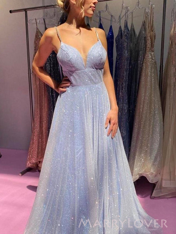 Sparkly Formal Blue A-line Long Evening Prom Dresses, V-neck Prom Dress, MR9126