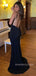 Sexy Backless Mermaid Black Spaghetti Straps Long Evening Prom Dresses, V-neck Prom Dress, MR9128