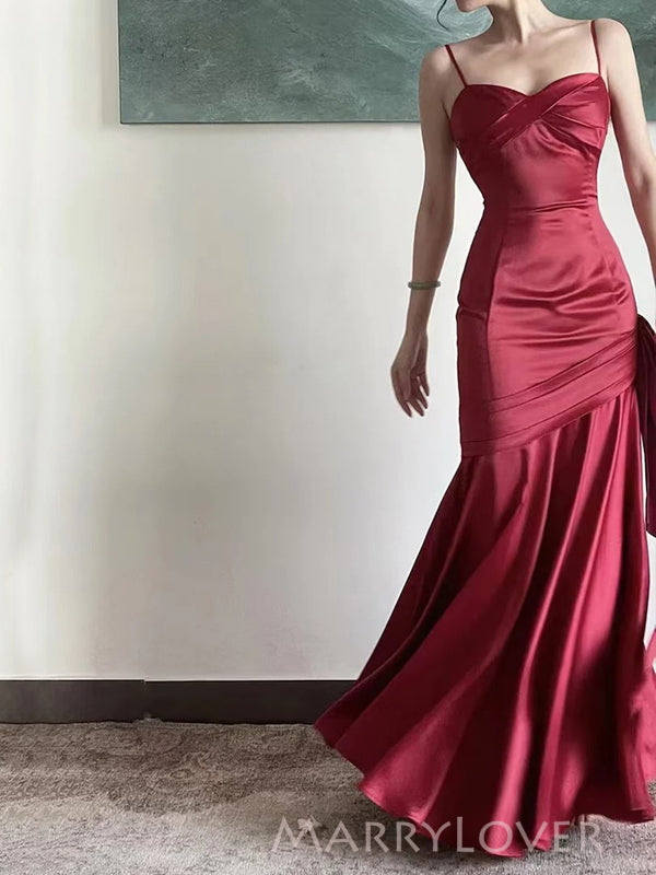 Spaghetti Straps Red Satin Long Evening Prom Dresses, Mermaid Prom Dress, MR9129