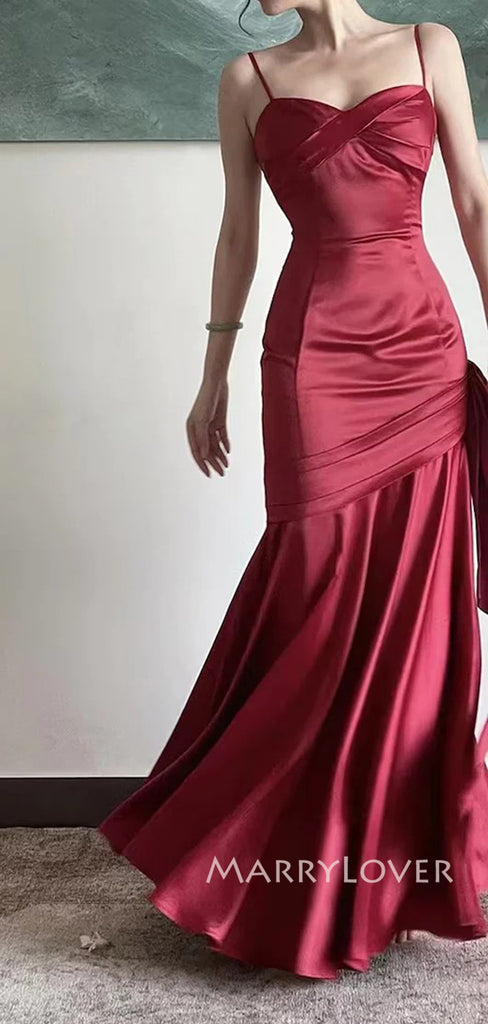 Spaghetti Straps Red Satin Long Evening Prom Dresses, Mermaid Prom Dress, MR9129