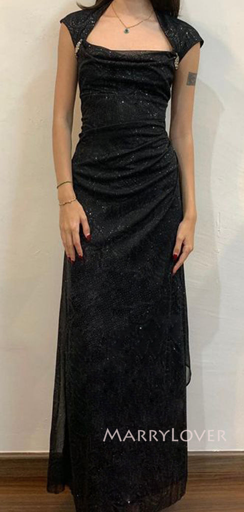 Black Sparkly Side Slit Mermaid Long Evening Prom Dresses, Formal Prom Dress, MR9130