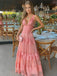 V-neck Pink A-line Long Evening Prom Dresses, Backless Custom Prom Dress, MR9131