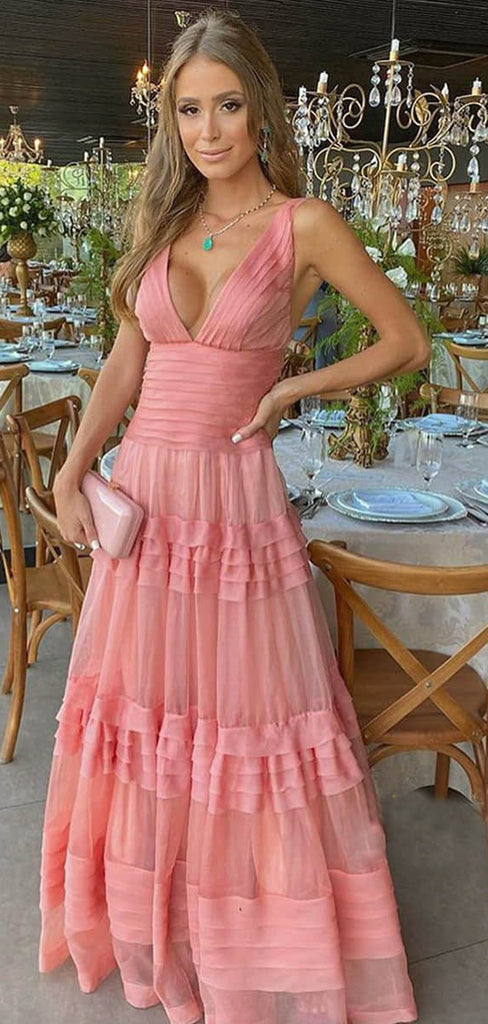 V-neck Pink A-line Long Evening Prom Dresses, Backless Custom Prom Dress, MR9131