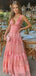 V-neck Pink A-line Long Evening Prom Dresses, Backless Custom Prom Dress, MR9131
