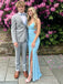 Elegant Sheath Mermaid Blue Long Evening Prom Dresses, V-neck Straps Prom Dress, MR9134