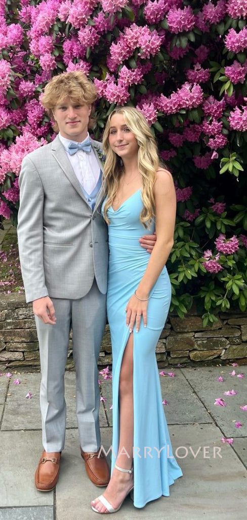 Elegant Sheath Mermaid Blue Long Evening Prom Dresses, V-neck Straps Prom Dress, MR9134