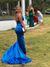 Royal Blue Satin Mermaid V-neck Straps Long Evening Prom Dresses, MR9139