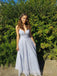 A-line Blue Sparkly Spaghetti Straps Long Evening Prom Dresses, V-neck Prom Dress, MR9144