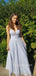 A-line Blue Sparkly Spaghetti Straps Long Evening Prom Dresses, V-neck Prom Dress, MR9144