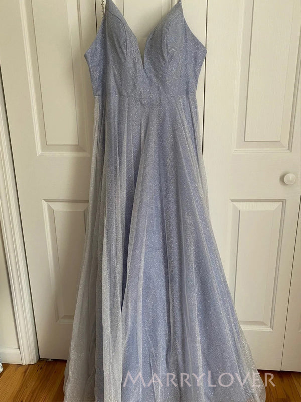 Dusty Blue A-line V-neck Long Evening Prom Dresses, Sparkly Spaghetti Straps Prom Dress, MR9145