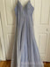 Dusty Blue A-line V-neck Long Evening Prom Dresses, Sparkly Spaghetti Straps Prom Dress, MR9145