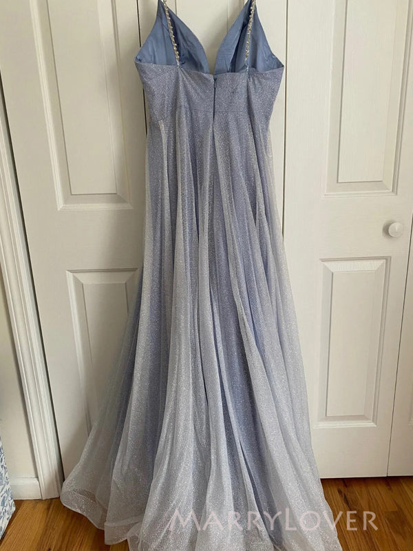 Dusty Blue A-line V-neck Long Evening Prom Dresses, Sparkly Spaghetti Straps Prom Dress, MR9145