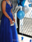 Royal Blue Tulle Appliques A-line V-neck Long Evening Prom Dresses, MR9148