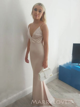 V-neck Satin Mermaid Backless Long Evening Prom Dresses, MR9149