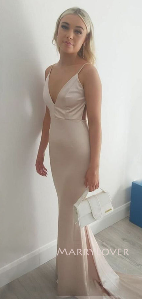V-neck Satin Mermaid Backless Long Evening Prom Dresses, MR9149