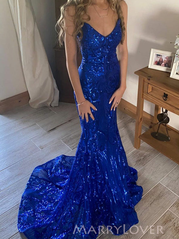 Mermaid Royal Blue Sparkly Sweetheart Long Evening Prom Dresses, MR9151