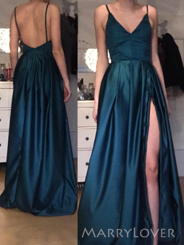 Blackless Spaghetti Straps Satin A-line Long Evening Prom Dresses, V-neck Prom Dress, MR9157