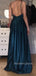 Blackless Spaghetti Straps Satin A-line Long Evening Prom Dresses, V-neck Prom Dress, MR9157