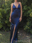 V-neck Navy Blue Satin Mermaid Side Slit Long Evening Prom Dresses, MR9160