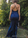 V-neck Navy Blue Satin Mermaid Side Slit Long Evening Prom Dresses, MR9160