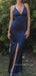 V-neck Navy Blue Satin Mermaid Side Slit Long Evening Prom Dresses, MR9160