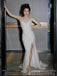 Spaghetti Straps White Sequins Mermaid Side Slit Long Evening Prom Dresses, MR9164