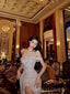 Morden White Sequins Off Shoulder Side Slit Long Evening Prom Dresses, MR9165