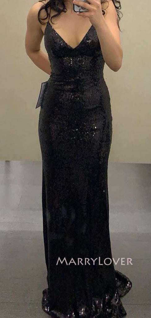 Black Sequins Sheath Mermaid V-neck Long Evening Prom Dresses, MR9167
