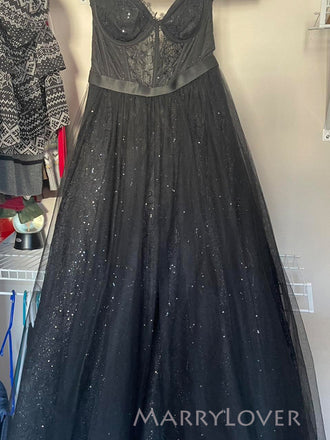 Popular Black Tulle Lace Sweetheart Long Evening Prom Dresses, A-line Custom Prom Dress, MR9172