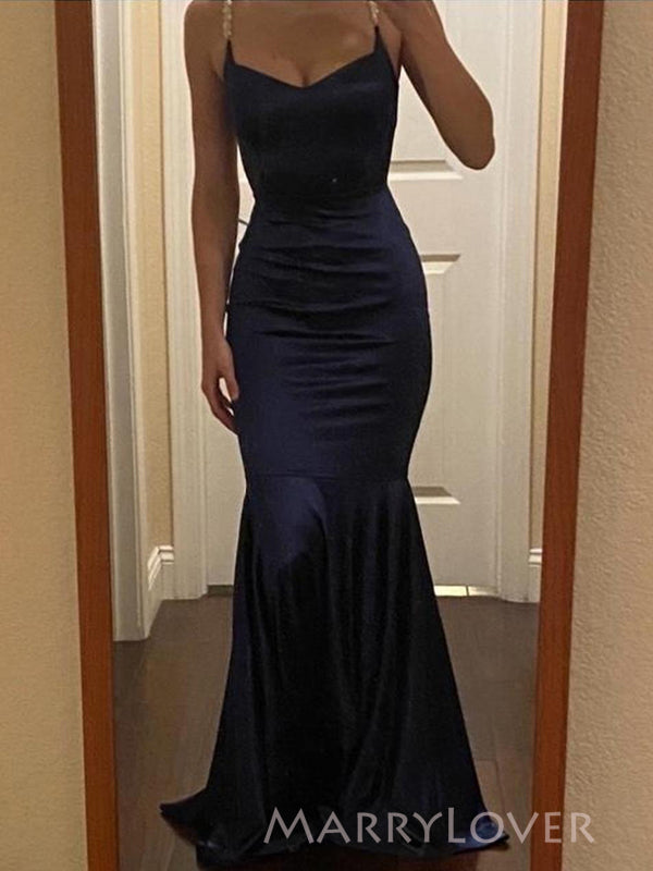 Morden Mermaid Navy Blue Satin Long Evening Prom Dresses, MR9174