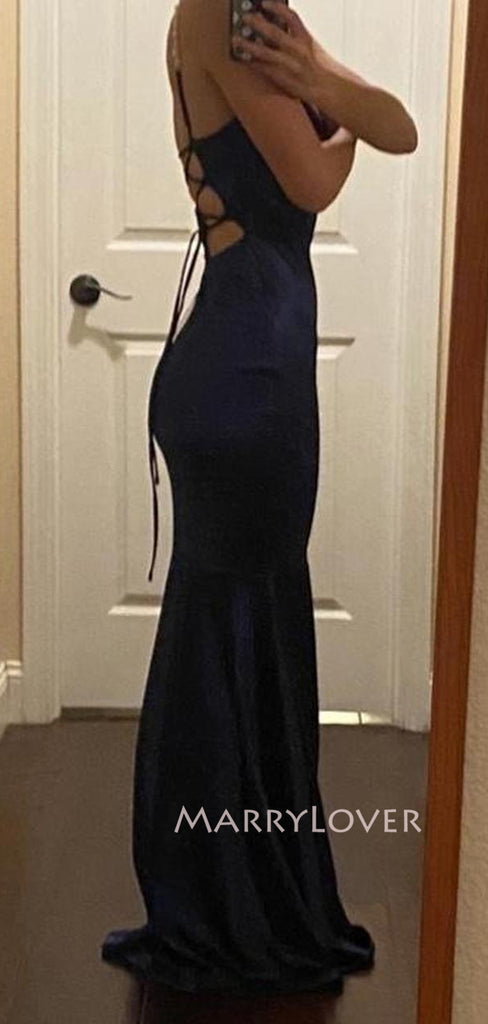 Morden Mermaid Navy Blue Satin Long Evening Prom Dresses, MR9174