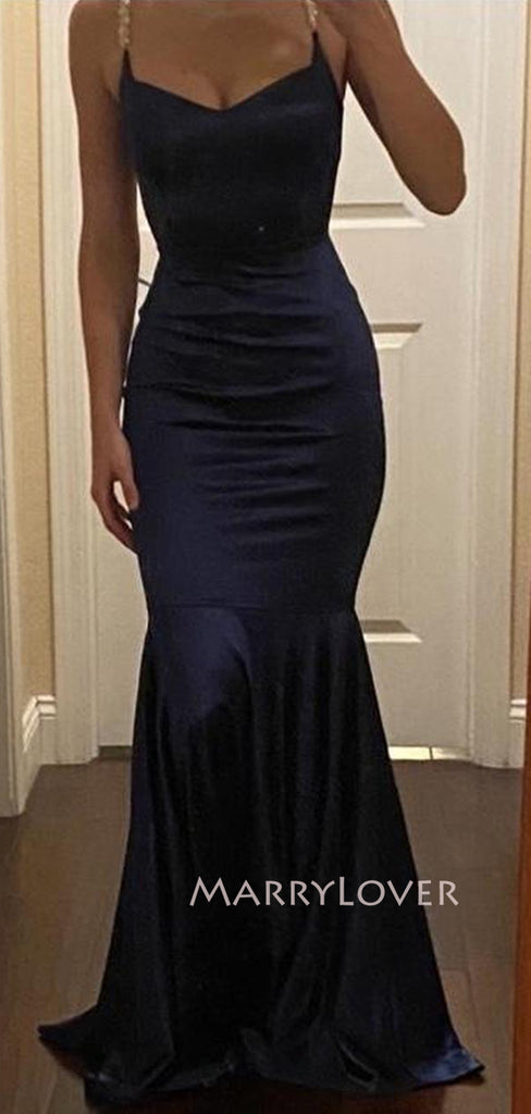 Morden Mermaid Navy Blue Satin Long Evening Prom Dresses, MR9174