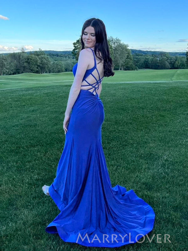 Backless V-neck Royal Blue Sheath Mermaid Long Evening Prom Dresses, MR9175